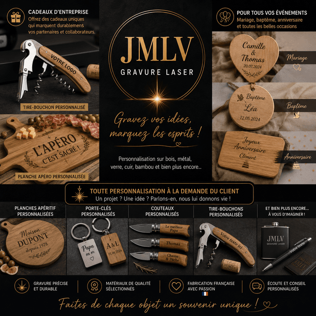 Gravure laser sur mesure – L’art de personnaliser l’exceptionnel
Bienvenue dans notre univers dédié à la gravure laser de précision. Nous créons et personnalisons des objets uniques sur une large gamme de matériaux : bois, verre, métal, acrylique, cuir et bien plus encore.
Grâce à la technologie de gravure laser haute définition, chaque détail est reproduit avec une finesse et une durabilité incomparables. Logos d’entreprise, cadeaux personnalisés, objets décoratifs, signalétique, accessoires professionnels ou souvenirs uniques : nous donnons vie à vos idées avec précision et élégance.
✨ Pourquoi nous choisir ?
Précision extrême : une gravure nette et durable
Personnalisation sur mesure : textes, images, logos
Large choix de matériaux
Qualité professionnelle
Idéal pour particuliers et entreprises
Que vous recherchiez un cadeau original, un article promotionnel ou une pièce décorative personnalisée, nous transformons chaque projet en création unique.
🎯 Votre imagination est la seule limite.